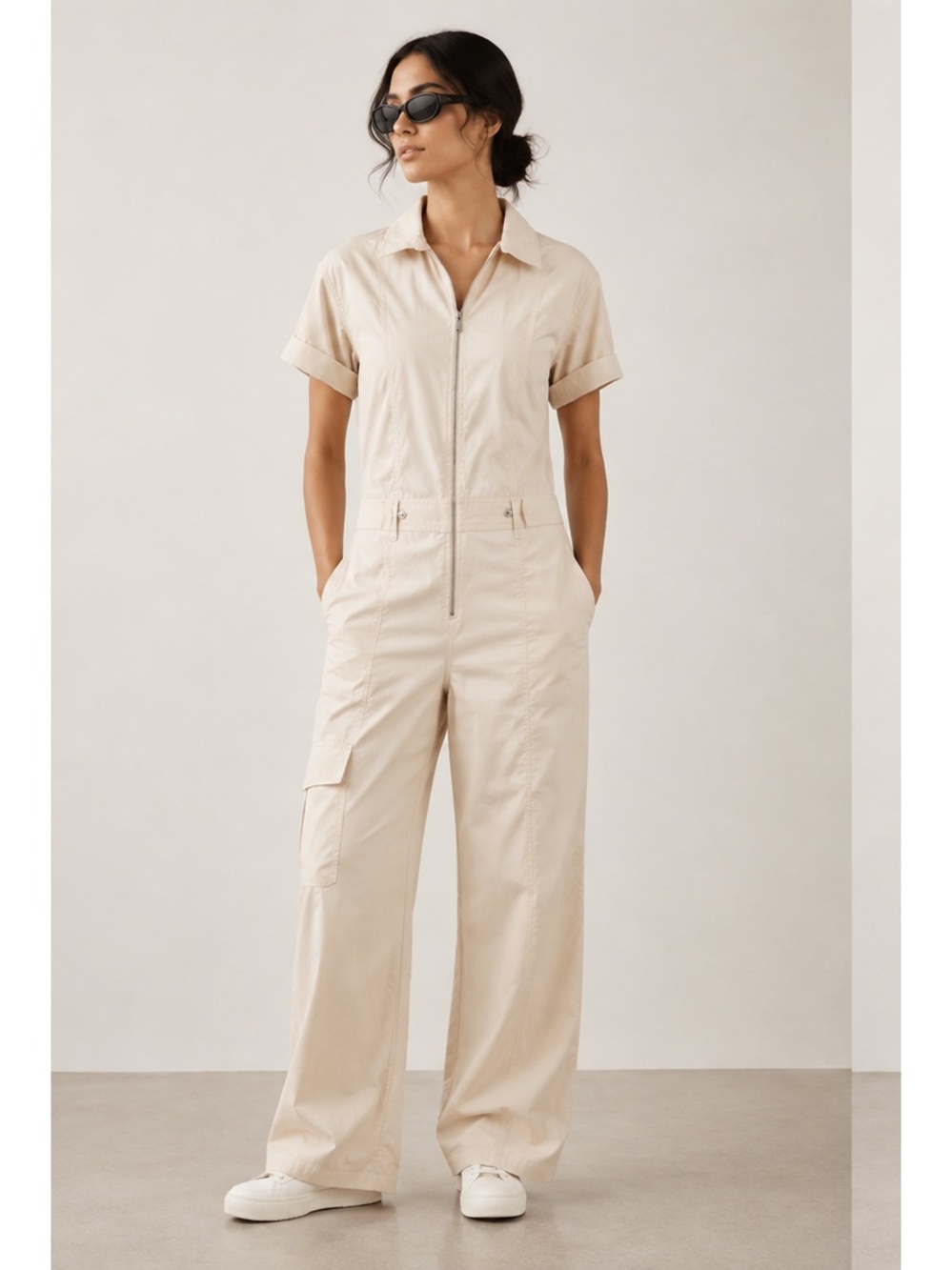 Zara Cream Beige One-Piece Utilitarian Gorpcore Minimalist Safari Jumpsuit 2XL
